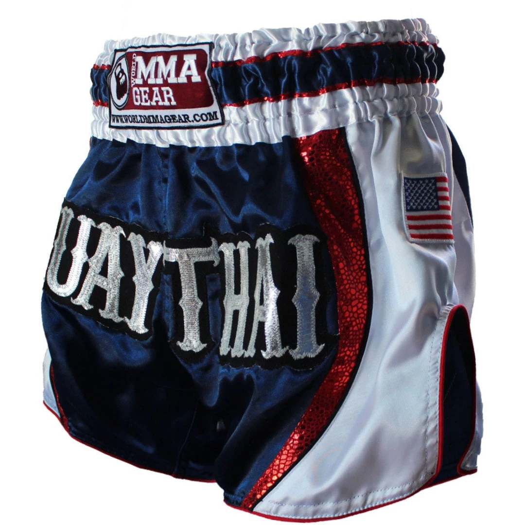PREMIUM MUAY THAI SHORTS MEN WOMEN HONOR WORLD MMA GEAR - WHITE/BLUE/RED 3 PREMIUM MUAY THAI SHORTS MEN WOMEN HONOR WORLD MMA GEAR - WHITE/BLUE/RED