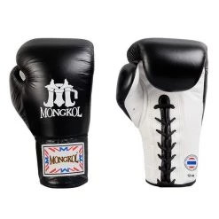 MUAY THAI BOXING GLOVES LEATHER LACE-UP BY MONGKOL - BGL01 BLACK / WHITE