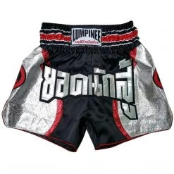 LUMPINEE MUAY THAI SHORTS Retro Fight Kickboxing Men & Women Clothing Martial Arts Training & Grappling - SILVER LINE BLACK