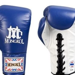 MUAY THAI BOXING GLOVES LEATHER LACES BY MONGKOL - BGL01 BLUE / WHITE