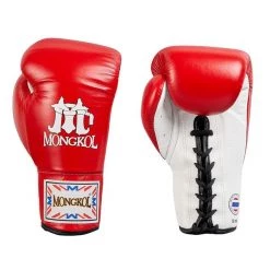 MUAY THAI BOXING GLOVES LEATHER LACES BY MONGKOL - BGL01 RED / WHITE