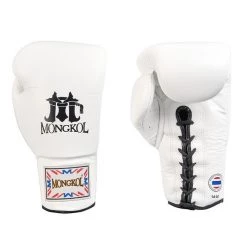 MUAY THAI BOXING GLOVES LEATHER LACES BY MONGKOL - BGL01 WHITE