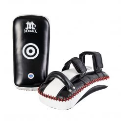 NEW ARRIVALS MUAY THAI PADS CURVED LEATHER BY MONGKOL - BLACK / WHITE
