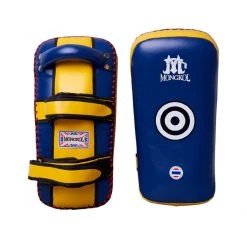 MUAY THAI PADS CURVED LEATHER BY MONGKOL - BLUE / YELLOW NEW ARRIVALS