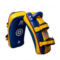MUAY THAI PADS CURVED LEATHER BY MONGKOL - BLUE / YELLOW NEW ARRIVALS