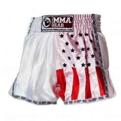 PREMIUM MUAY THAI SHORTS MEN WOMEN USA FLAG BY WORLD MMA GEAR - WHITE