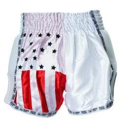 PREMIUM MUAY THAI SHORTS MEN WOMEN USA FLAG BY WORLD MMA GEAR - WHITE
