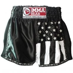 PREMIUM MUAY THAI SHORTS MEN WOMEN USA FLAG BY WORLD MMA GEAR - BLACK