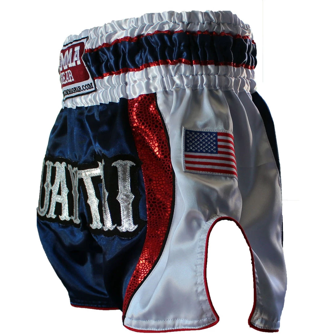 PREMIUM MUAY THAI SHORTS MEN WOMEN HONOR WORLD MMA GEAR - WHITE/BLUE/RED 4 PREMIUM MUAY THAI SHORTS MEN WOMEN HONOR WORLD MMA GEAR - WHITE/BLUE/RED