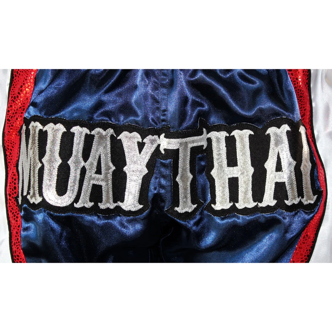 PREMIUM MUAY THAI SHORTS MEN WOMEN HONOR WORLD MMA GEAR - WHITE/BLUE/RED 6 PREMIUM MUAY THAI SHORTS MEN WOMEN HONOR WORLD MMA GEAR - WHITE/BLUE/RED